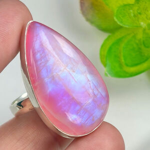 Blue Flash Pink Moonstone Ring Size 8 1/4 8.25 Boho Chunky Boho 925